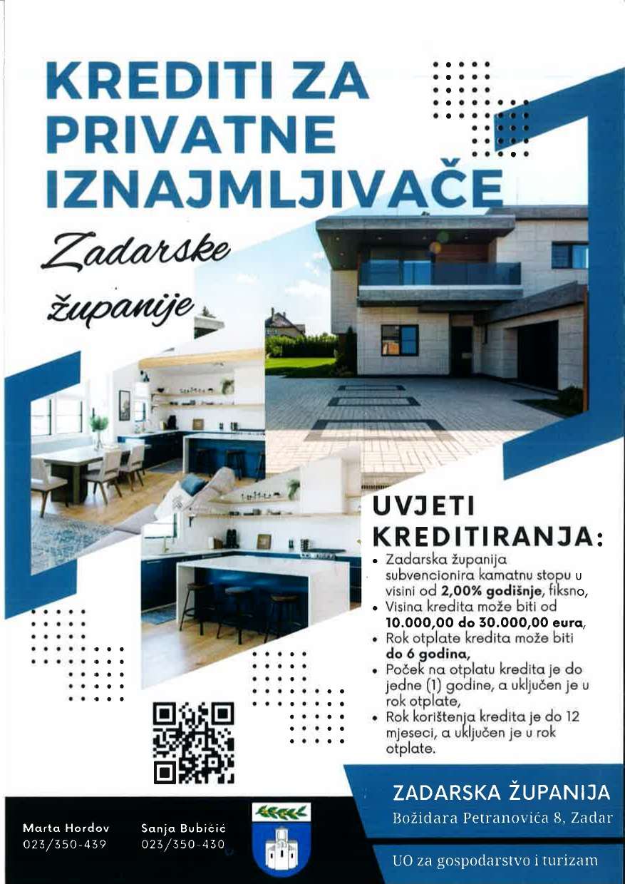 Javni poziv za podnošenje zahtjeva za subvenciju kamate sukladno programu kreditiranja privatnih iznajmljivača na području Zadarske županije